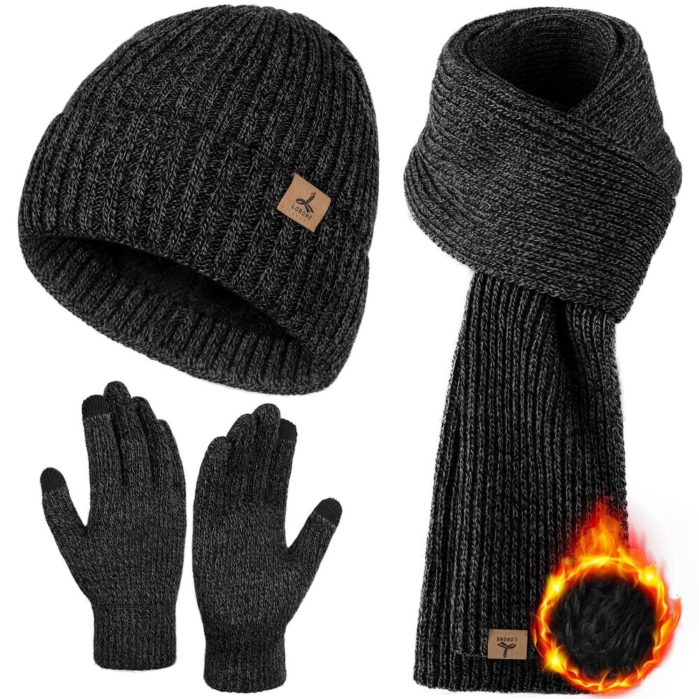 4593 3 PCS Winter Hat Scarf Gloves Set, Soft Warm Knit Beanie Hat